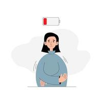 Emotional and professional burnout concept. A sad woman with a low battery in a flat style. Stress, depression, mental disorders. Hard work. Vector illustration on a white background.