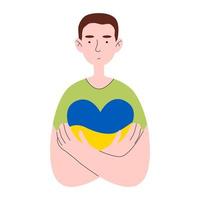 Man hugs a heart with the colors of the flag of Ukraine. Stay with Ukraine concept. No war. Support against fighting. Vector flat illustration.