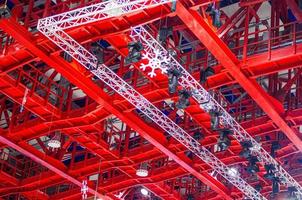 Minsk, Belarus, May 17, 2014 red and white colored metal construction wih snowflake under roof of ice arena photo