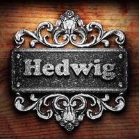 Hedwig word of iron on wooden background photo