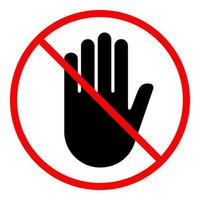 Stop hand forbidden sign with thin red forbidden circle, touching hand vector