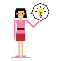 a skinny businesswoman is talking about her idea with a smiling face and a light bulb beside her vector