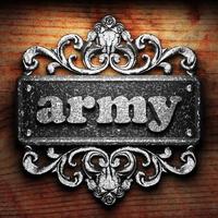 army word of iron on wooden background photo
