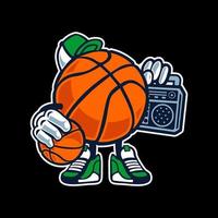 Vector cartoon design of a cute basketball wearing a hat on his head and carrying a musical instrument