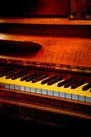 Piano keyboard classical grand piano music instrument closeup.  Musical entertainment background backdrop. Low light photography with copy space. Night picture, no people. photo