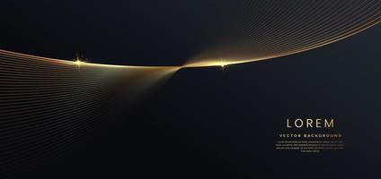 Línea de rayas de onda dorada de diseño de plantilla de lujo moderno 3d con efecto de brillo de luz sobre fondo negro. vector