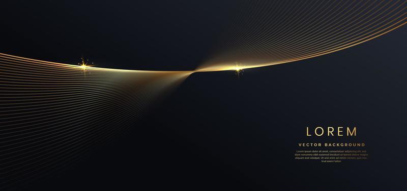 3D modern luxury template design golden wave stripes line with light glow effect on black background.