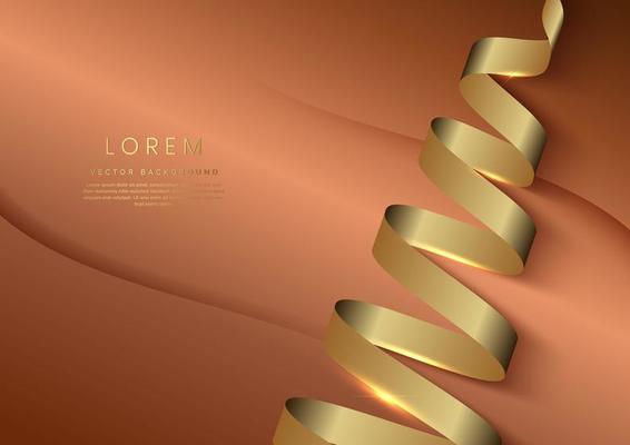 Luxury concept template 3d golden curve line shape on brown elegangt background and golden ribbon line with copy space for text.