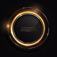 Abstract luxury gold circle lines frame on black background and glowing ligthting effect. vector