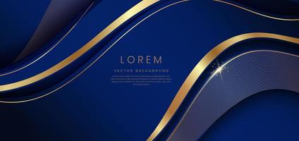 Abstract 3d dark blue background with ribbon gold lines curved wavy sparkle with copy space for text. vector