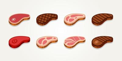 set of raw meat and grilled beef steak flat icons vector