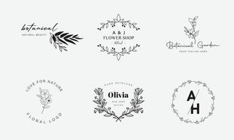 logotipo dibujado a mano con elementos florales botánicos con flores silvestres y hojas. logo para spa y salón de belleza, boutique, tienda orgánica, boda, diseñador floral, interior, fotografía, cosmética. vector