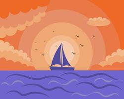 Nautical illustration, a lonely sailboat and seagulls on a sunset background. Orange and purple colors. Wall art, vector
