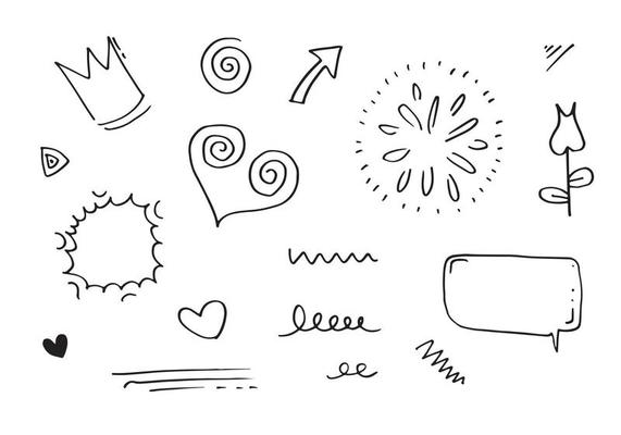 hand drawn set element,black on white background.heart,light,king,emphasis,swirl,flower,speech bubble,arrow,for concept design.