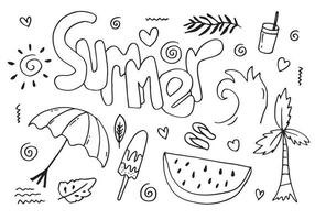 Summer collection. Vector illustration of funny doodle summer symbols isolated on white background.