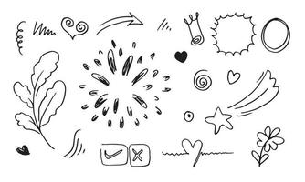 hand drawn set element,black on white background.arrow,heart,love,star,leaf,sun,light,flower,daisy,crown,king,queen,swishes,swoops,emphasis,swirl,heart,for concept design vector