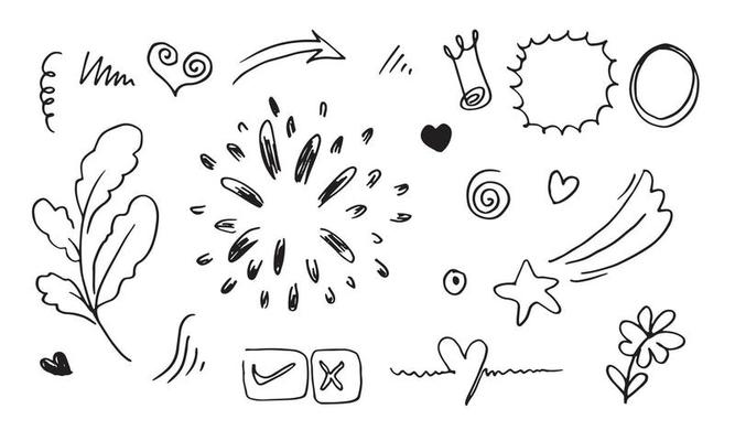 hand drawn set element,black on white background.arrow,heart,love,star,leaf,sun,light,flower,daisy,crown,king,queen,swishes,swoops,emphasis,swirl,heart,for concept design