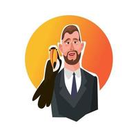 Flat vector illustration of man with beard in business suit. With bird sitting on his shoulder. Toucan. Gradient background. Circle