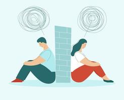 A man and a woman in a quarrel.The couple sit back to back.Problems in relationships, conflicts.Husband and wife at odds.Wall between them.Flat vector illustration