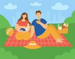 Family sitting on a plaid in the park. Mom dad and baby. Concept of a picnic, family vacation on the weekend. Basket with food, hat and ball. Flat color vector illustration.