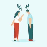 Adult man and woman quarrel. Concept of family conflicts, resentment, aggression, divorce. Husband and wife scream and swear. Flat vector illustration isolated.