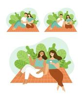 personas adultas haciendo un picnic en el parque. familia con un niño, amigas sentadas en una tela escocesa en el césped. concepto de actividad el fin de semana con familiares y amigos. ilustración vectorial plana. vector