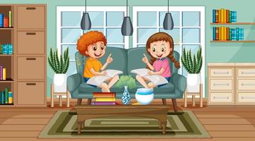 niños leyendo libros en casa vector