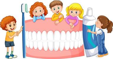 Children holding toothpaste and toothbrush with whiten teeth on white background vector