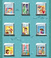 Apartment windows with neighbors cartoon character vector