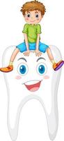 Happy kid sitting on a big tooth on white background vector