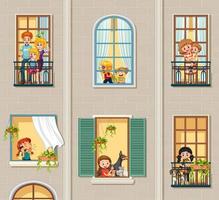 Apartment windows with neighbors cartoon character vector