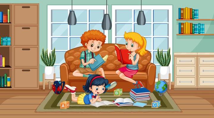 Children reading book at home