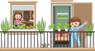 A girl waving hand on the balcony vector