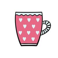 Cute pink coffee mug with hearts. Vector hand doodle illustration for restaurant or coffee shop. Good morning, breakfast, drink, coffee, tea.