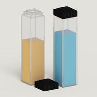 3D voxel rendering of plastic bottle with open cap and using yellow, black and blue color scheme.