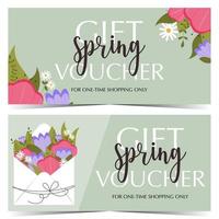 Spring gift voucher or gift card with green background, pink and purple flowers in the corners and envelope with flowers inside. Flat vector illustration for anniversary present or 8 March greeting.