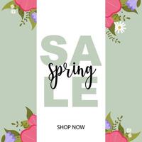 Sale and discount banner with floral decoration for spring holidays as 8 March - International Women's Day and seasonal shopping offers. Flat vector illustration with pink and purple flowers.