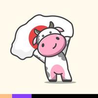 Cute cow illustration waving japanese flag