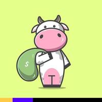 ilustración linda de la vaca que lleva el dinero en un saco vector