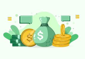 Flat illustration of dollar coins and a sack filled with dollar bills vector