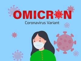 Banner with a girl in a mask and the covid virus around her. OMICRON type of corona virus. Omicron Virus B.1.1.529. Background with flying corona virus vector