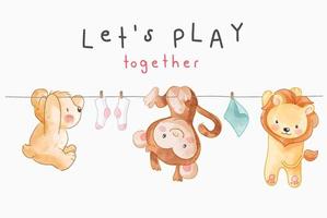 let's play slogan with cute animals hanging on the rope illustration vector