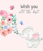 les deseo todo el mejor eslogan con elefante y flor de colores sobre fondo rosa vector