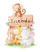 cute safari animal friends and friends wood sign illustration vector