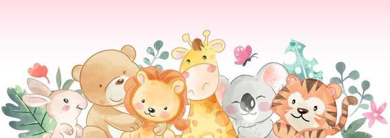 banner horizontal de linda ilustración de amigos animales vector