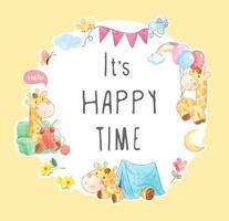 happy time slogan in cute giraffe circle frame illustration vector