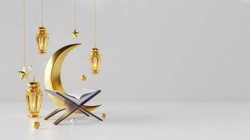 plantilla de saludo ramadan kareem con linternas árabes y luna en el fondo para productos publicitarios - ilustración de representación 3d para tarjetas, saludos. foto