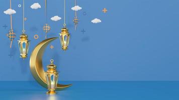 Ramadan Kareem greeting template with arabic lanterns and moon on the background for advertising products - 3d rendering illustration for cards, greetings. photo