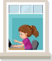View through the window of a girl using laptop vector