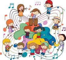 niños felices tocando instrumentos musicales con notas musicales sobre fondo blanco vector
